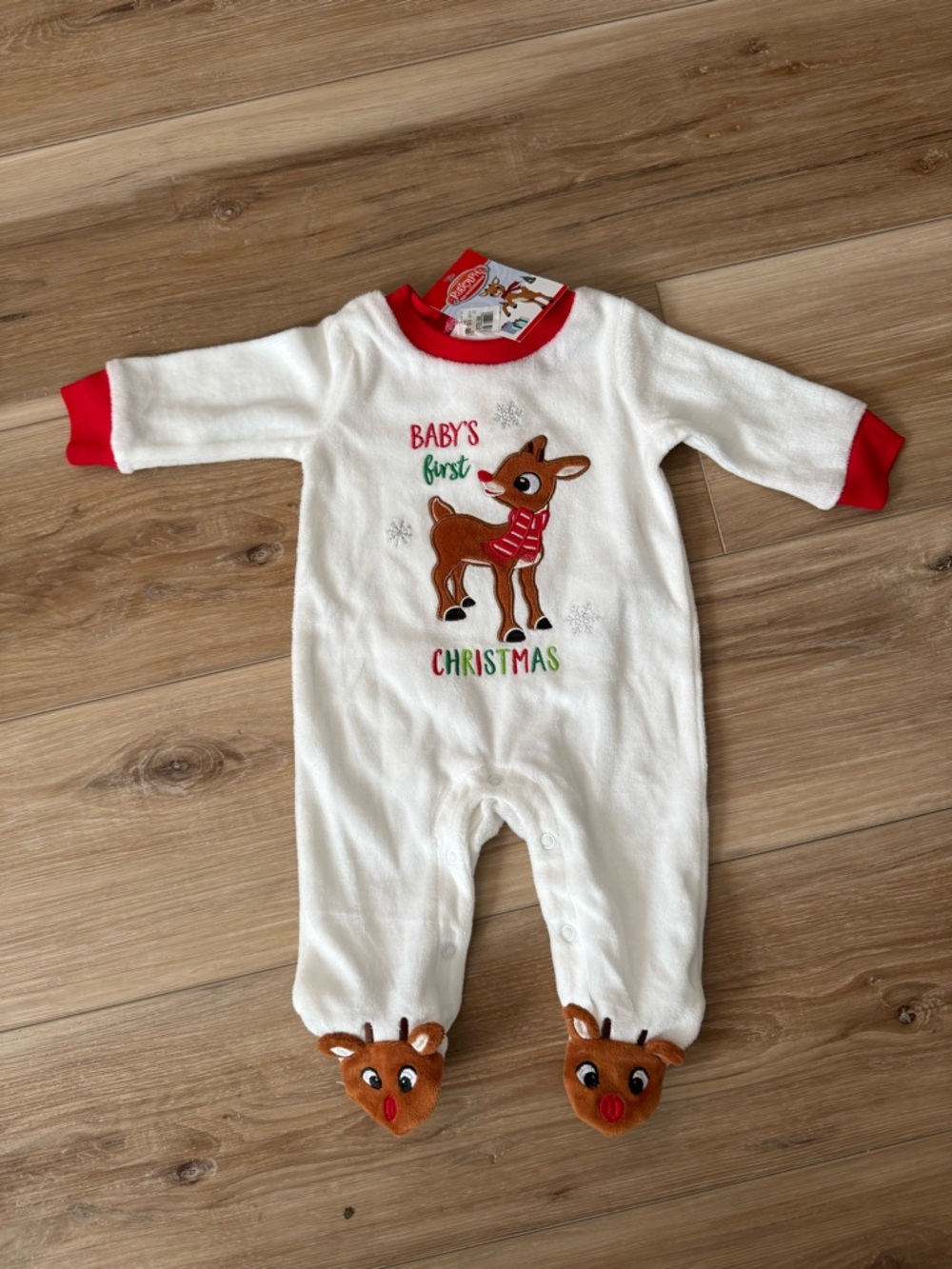 Cracker Barrel White and Red Baby's First Christmas Reindeer Footie One-Piece